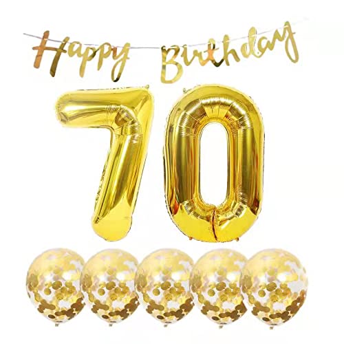 Chaungfu Gold 70th Birthday Decoration, Includes Happy Birthday Banner, Confetti Balloons, Latex Balloon, for Party Supplies, 70 Years Old, 1set, Gold, Unisex