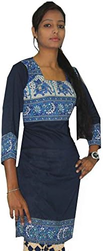 Indian 100% Cotton Blue Color Top Kurta Women EthnicTunic Kurti Plus Size Elephant Print
