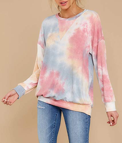 Huiyuzhi Womens Crew Neck Tie Dye Top Batwing Dolman Sleeve Rainbow Colorful Pullover Sweatshirt