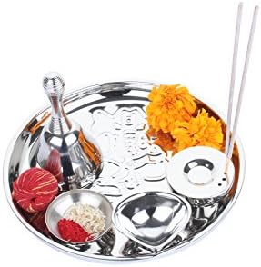 Homeish Stainless Steel Pooja Thali Set (21 cm x 21 cm x 3 cm, Silver, Set of 6)