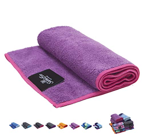 SUMI ECO ECO-FRIENDLY Extra Thick Yoga Mats Towel – Super Soft, Sweat Absorbent, Moisture-Wicking Hot Yoga Rug for Pilates and Workout (Hand Towel – Purple | Pink Edge – 2pcs, Hand Towel – 24″ x 15″)