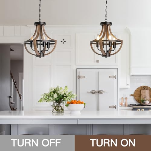 SEEBLEN Farmhouse Chandelier,Vintage 4-Light Hanging Pendant Light Height Adjustable,Rustic Metal Ceiling Light in Faux Wood Grain Color for Dining Room Kitchen Foyer Hallway Entryway Bedroom Closet.