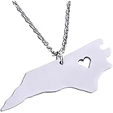 Art Attack Stainless Steel I Love North Carolina Necklace, Tarheel Old North State Map Heart Pendant (Silver)