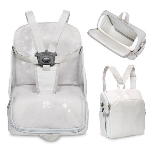 - Chaise haute d'appoint portable pour bébé - Siège bébé - Convertible en sac à dos ou en sac - Pliable, léger et avec poignée réglable pour le transport - Étoiles grises
