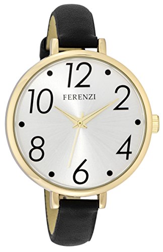 Ferenzi Women's | Large Modern Easy Read Silver Face Thin Black Band Watch | FZ16103