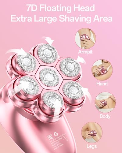 5-in-1 Electric Razors for Women, 7D Magnetic Heads Full Body Shaver, Waterproof Wet Dry Hair Remover with LED Display, Rechargeable Bikini Trimmer for Underarms, Face, Legs, Lips, Arms (Pink)