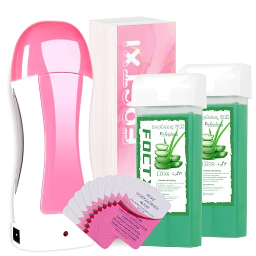 FOCTXI Roll On Wax kit, Wax Roller Kit for Hair Removal, Waxing Kit for Women All Skin Types with Ｗax Warmer, 2 Aloe Vera Ｗax Cartridge, 100 Non-Woven Ｗax Strips & 10 Wipes