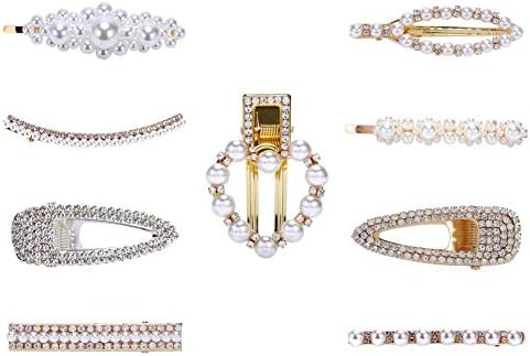 9 Pack Gold Silver Vintage Retro Geometric Minimalist Glitter Sparkly Hair Clip Snap Barrette Comb Claw Clamp Bobby Pins Alligator Hairpins Metal Pearl Rhinestone Crystal Wedding Party Hair Styling