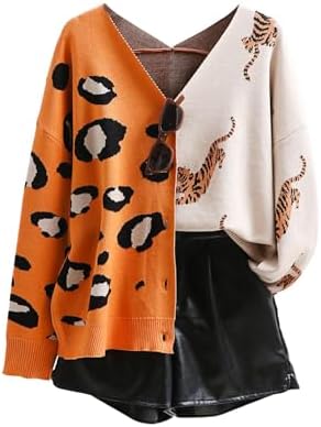DERAX Women's Oversized Leopard Tiger Print Cardigan Sweaters V