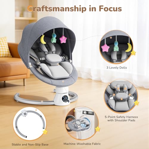 Hamaca Eléctrica para Bebé con Mando a Distancia y App,Mecedora con 5 Velocidades de Balanceo,3 Temporizadores,Arnés de 5 Puntos,2 Posiciones del Asiento,Silla Mecedora para 0-9 kg de Bebé-Gris