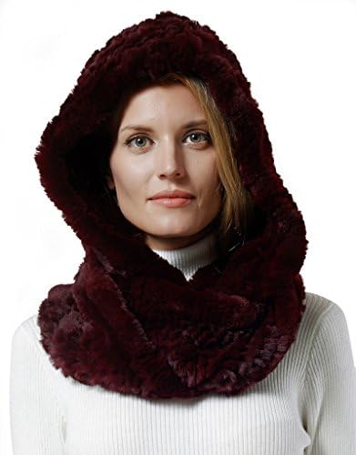 Nice Glory Women's Rex Rabbit Fur Infinity Scarf with Hat Burgundy