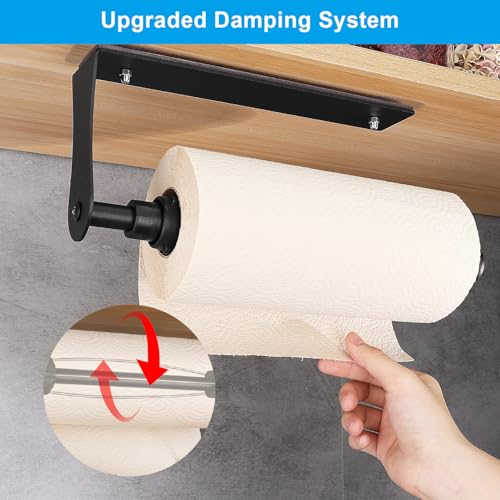 Magnetic Kitchen Roll Holder with Buffer Effect, One Hand Operation, Self Adhesive and No Drilling, Aluminum Alloy Kitchen Roll Holder for Kitchen, Refrigerator, Oven, Caravan, Garage (Black)