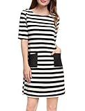 Allegra K Woman Half Sleeves Contrast Pockets Above knee Striped Dress XL Black