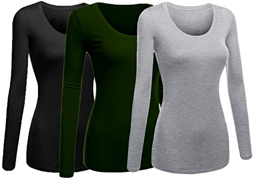 Emmalise Women's Plain Basic Scoop Neck Long Sleeve TShirt Tee - 3Pk - Black, Dk Olive, H Gray, 3XL
