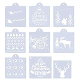 9pcs Christmas Stencils Template for Painting on Wood - Reusable Plastic Craft Art Drawing Painting Spraying Window Glass Door Car Body Wood Journaling Scrapbook Holiday Xmas Snowflake DIY Craft