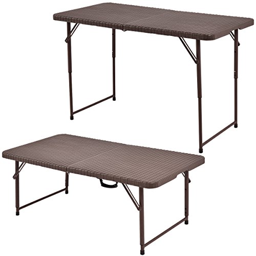 GYMAX Camping Table, 4′ Portable Folding Rattan Table Adjustable Table with Carrying Handle for Outdoor Camping Picnic