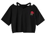 Abetteric Women's Rose Embroidery Short Sleeve T-Shirt Crop Tops Black Large