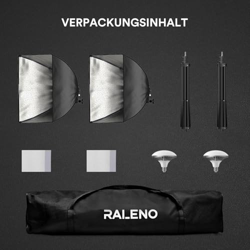RALENO Studio Softbox Lighting Kit Photography, 2 x 50 x 50 cm Continuous Lighting Equipment with 50W LED Bulb, Universal Tripod Mount, Fabric Bag for Photo Studio Equipment