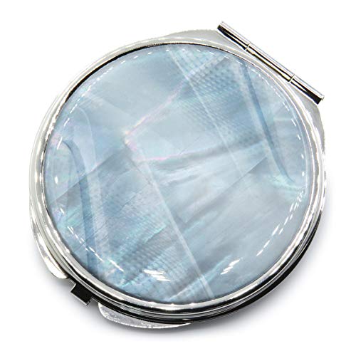 Makeup-Compact-Pocket-Mirror-Mother-of-Pearl-Round-Double-Sided-Folding-Magnify-Digital-Fractal-Blue-Silver