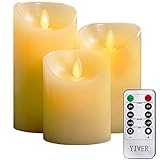 YIWER Flameless Candles, 4" 5" 6" Set of 3 Real Wax Not Plastic Pillars, Include Realistic Dancing LED Flames and 10-Key Remote Control with 2/4/6/8-hours Timer Function, 300+ Hours (3, Ivory)
