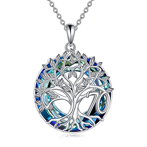 YFN 70th Birthday Gifts for Women Sterling Silver Tree of Life Necklace with Blue Crystal Mothers Day Christmas Jewellery Gifts for Mother Grandma Nana