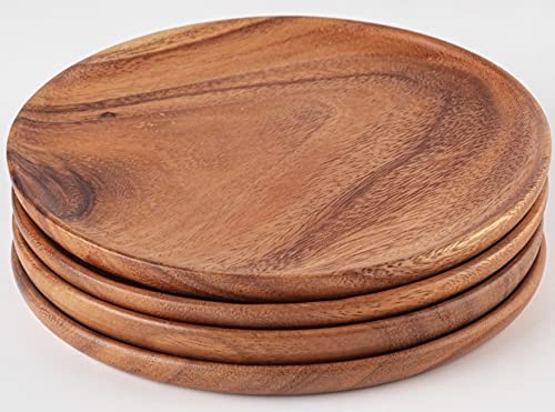 Gourmet Acacia Wood Charger Plates: Decorative Appetizer Serving Trays Set of 4 for Desert | Hand-crafted Solid Piece of Acacia Wood Plates | Perfect for Summer Outdoor Table Setting (8" x 8")