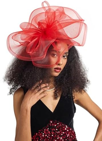Vintage Red Wool Floral Feather Tulle‎ Derby Tea Party Hat Black Red Feather Flowers Wide Brim Kentucky Derby Hat  main image 3