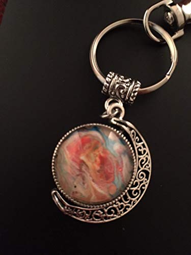 Double Crescent Moon Rotating Silver Key-Chain One of a Kind Acrylic Pouring Fluid Art Abstract Key-Ring Cabochon (18mm) Orange, Gold, Carolina Blue and White/ Lime Green, Yellow, Black and Red #12