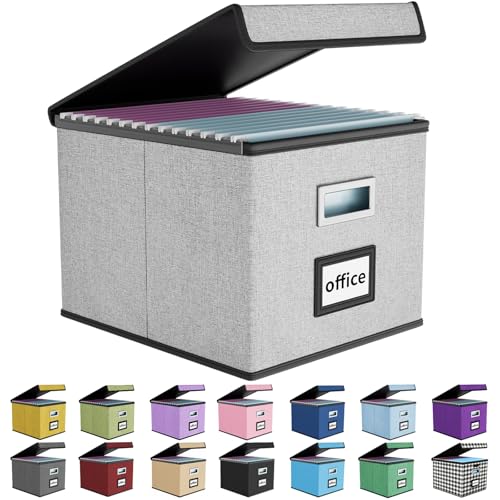 Photo 1 of Huolewa Upgraded Portable File Organizer Box with Lid, Collapsible Linen Hanging Filing Storage Boxes with Plastic Slides, Decorative Home/Office Filing System Box for File and Folders Storage (Gray)
