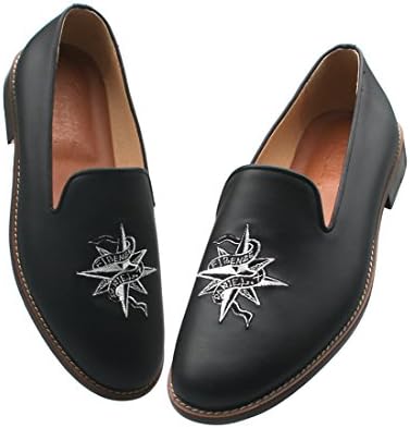 Firenze Atelier Men's Handmade Full Grain Leather Embroidered Slip-on Loafers Shoes Tattoo Edition (US 9)