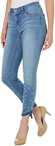 Earl Jean Womens Pearl Embellished Step Hem Skinny Jeans 4 Medium Wash Blue
