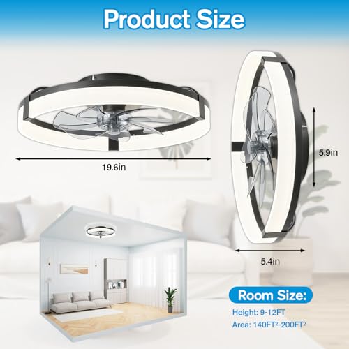 Vutlace Ceiling Fans with Lights and Remote Control, 50cm Flush Mount, 6 Speeds & 3000K–6500K Stepless Dimmable Quiet, Modern Black Ceiling Fan for The Bedroom, Kitchen and Living Room