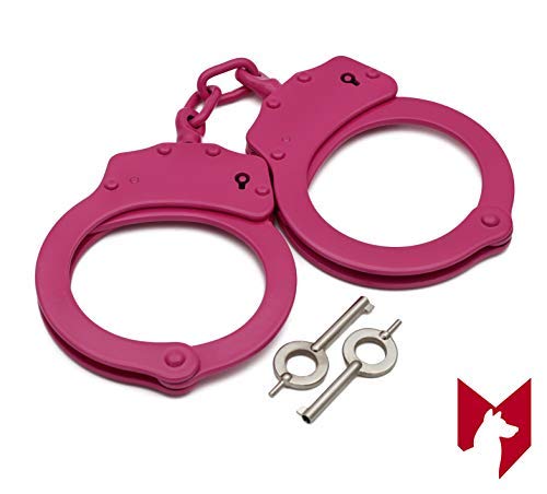 Foxfend Double Locked Chain Handcuffs - Police Edition Professional Grade Heavy Duty Steel W/Two Keys (Pink)