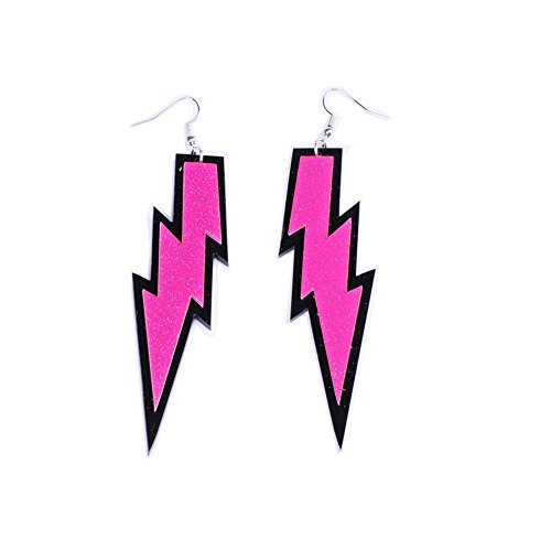 LEKUSHA Women's 80s Costume Accessories Neon Lace Headband Hair Band with Neon Lightning Earrings - Green Hot Pink - Thumbnail 3