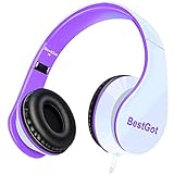 BestGot kids Headphones girls Over Ear with microphone for kids adult In-line Volume with Transport Waterproof Bag Foldable Headphone with 3.5mm plug removable cord (White/Purple)