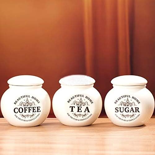 Set of 3 Gold Jars Kitchen Accessories Ceramic Tea Coffee Sugar Canisters Ivory (Round Beautiful Home)