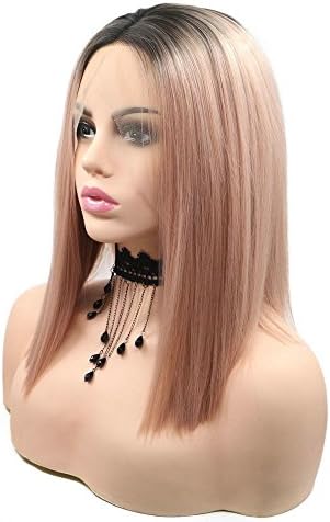 Mermaid Short Haircut Mixed Pink Straight Lace Front Wigs With Dark Roots Rose Gold Should Length Bob Hair Heat Safe Synthetic Glueless Replacement Wig 14 inch Middle Part Bob Hairstyle