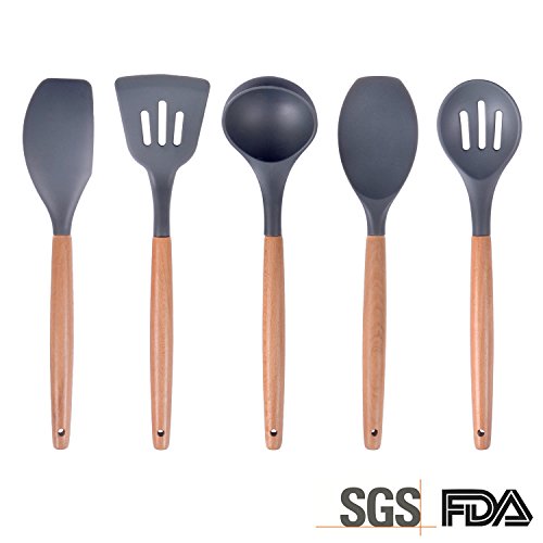 SAVORLIVING Silicone Kitchen Utensil 5 Pieces Set with Wooden Handle, Cooking Tools including Spatula,Turner, Soup Ladle, Serving Spoon,Slotted Spoon, 7.9 inches , Grey