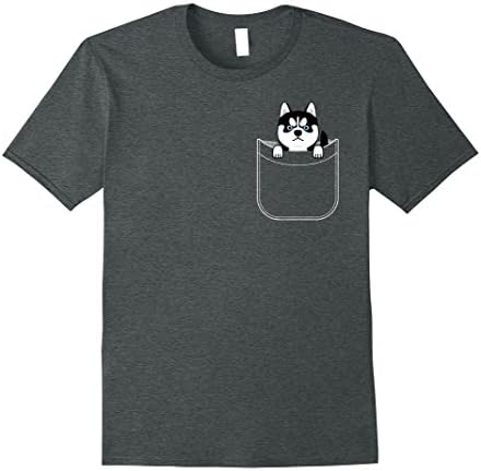 Mens Husky In Pocket T-Shirt Funny Cute Puppy Expression Medium Dark Heather