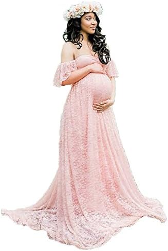 ENINE TRADE Photography Maternity Dress Off Shoulder Lace Long Dress Pregnant Wedding Dress (Large, Pink)