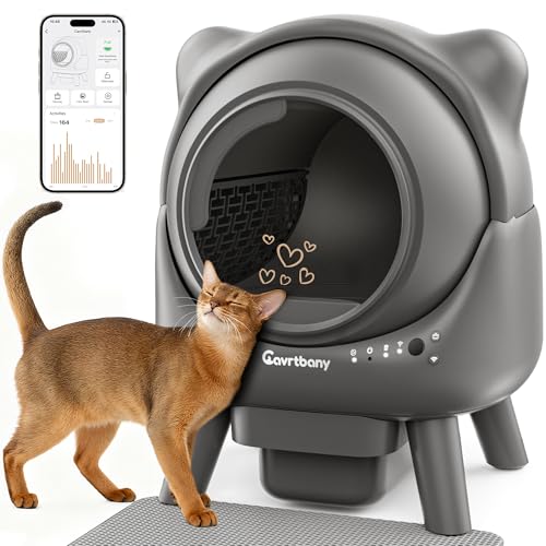 Cavrtbany Automatic Cat Litter Box, Self Cleaning Litter Box, Robot Litter Box for Multiple Cats, Litiere Pour Chat Autonettoyant, with Smart APP Control and 5 Safety Sensors, with Trash Bags, Gray