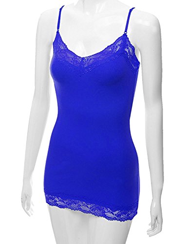 XT1004L Ladies Adjustable Spaghetti Strap Lace Trim Long Tunic Cami Tank Top Royal 2XL - Thumbnail 3