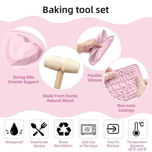 Diamond Heart Shaped Silicone Chocolate Mold, 7pcs Diamond Heart Mousse Cake Mold Trays with Wooden Hammers, Number and Letter Mold, Heart Button Fondant Mold for Valentine Candy Chocolate