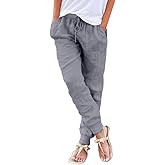 Puimentiua Womens Tapered Pants Cotton Linen Drawstring Back Elastic Waist Pants Casual Trousers with Pockets