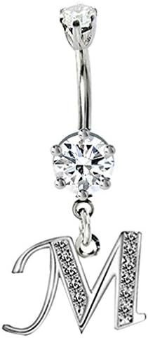 Silver dangly Initials belly button ring with CZ crystals - M