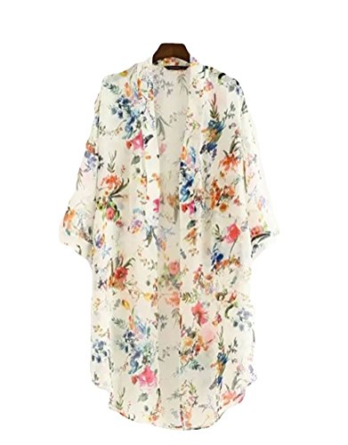 Akery Women's Floral Chiffon Kimono Cardigan Blouse Beach Cover up,Large,White