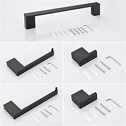 HANFU Towel or Toilet Paper Holder, Bathroom Accessories Set of 5, Aluminium 40 cm, Hooks for Bathrobe, Complete Wall Mount, Black