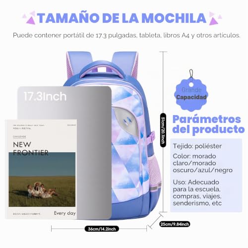 Amythe School Backpack Teenager Girl 46L, Grand Backpack School Girl Waterproof and Lightweight for Youth Girl, Light Blue