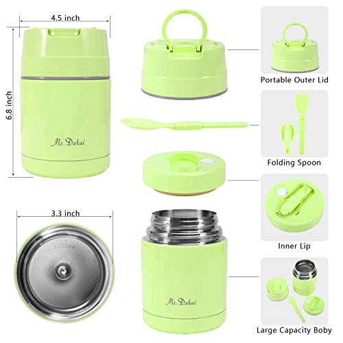 Mr.Dakai Insulated Lunch Containers Thermoses Food Jar Vacuum Stainless Steel 27 oz Leak Proof Keep Food Cold Hot Container for Kids Adult Lunch Box School Camping Outdoors, BPA Free (Green) - Thumbnail 2