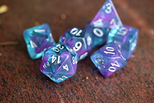 HD Dice DND Dice Set RPG Dice Fit Dungeons and Dragons D&D Pathfinder MTG Role Playing Games Polyhedral Dice Blue Transparent Dice with Purple Swirls